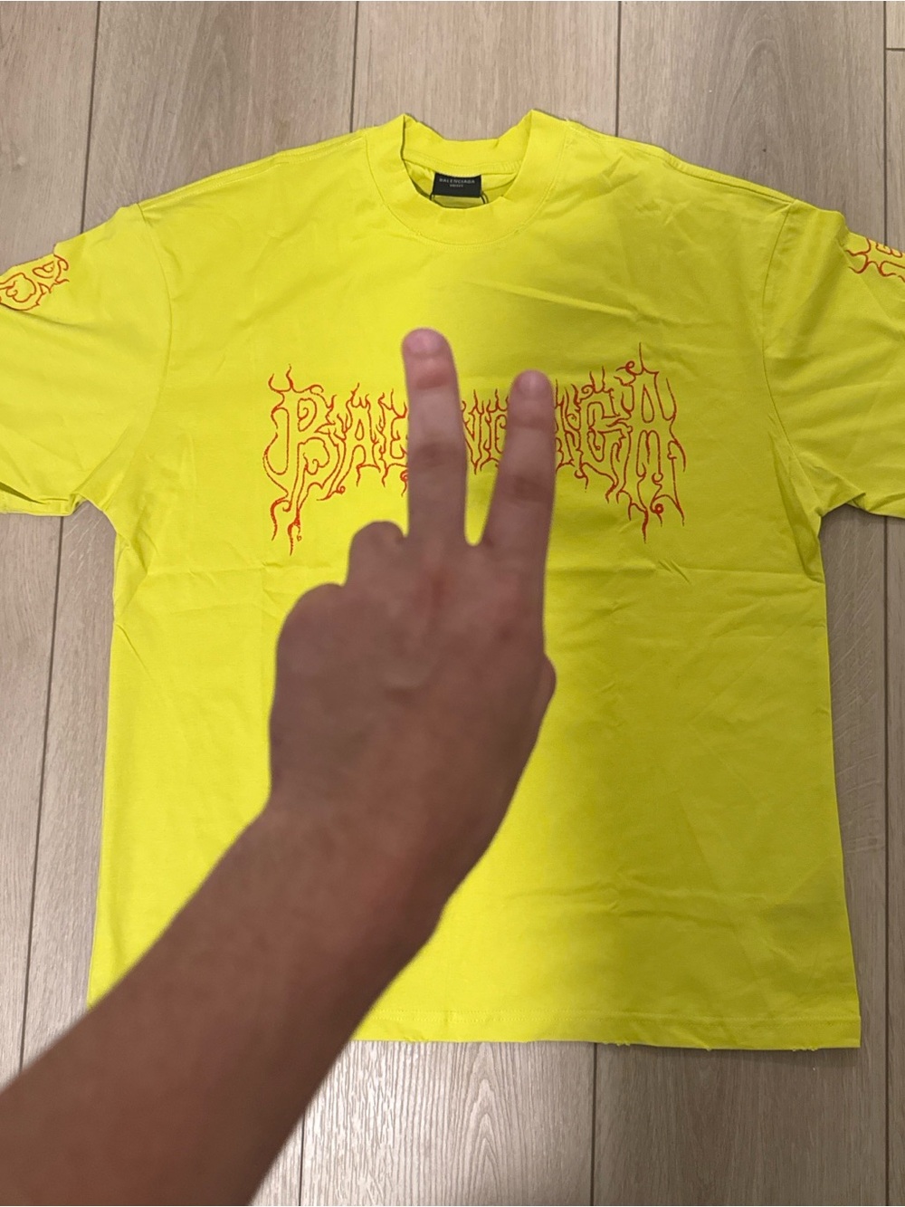 Balenciaga Neon Yellow Tee with Red Flame Logo